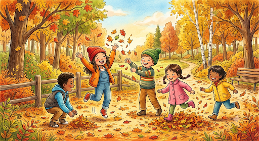 Des enfants jouent dans les feuilles d'automne